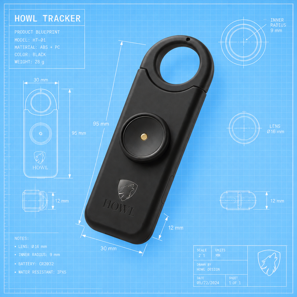 Howl personal safety alarm technical blueprint showing 95mm height, 30mm width, 12mm thickness, 16mm lens and 9mm inner radius