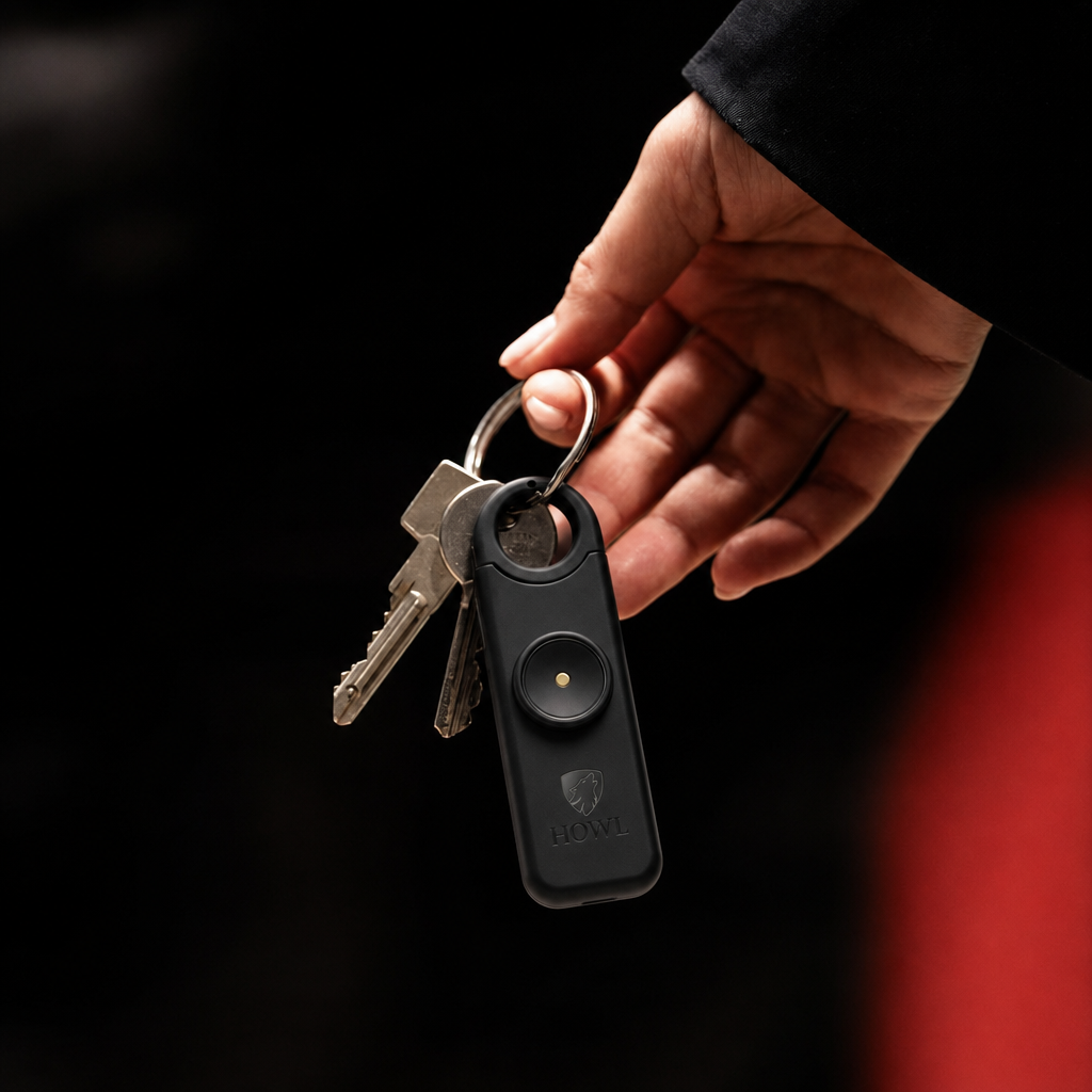 Howl personal safety alarm on a keyring held in hand